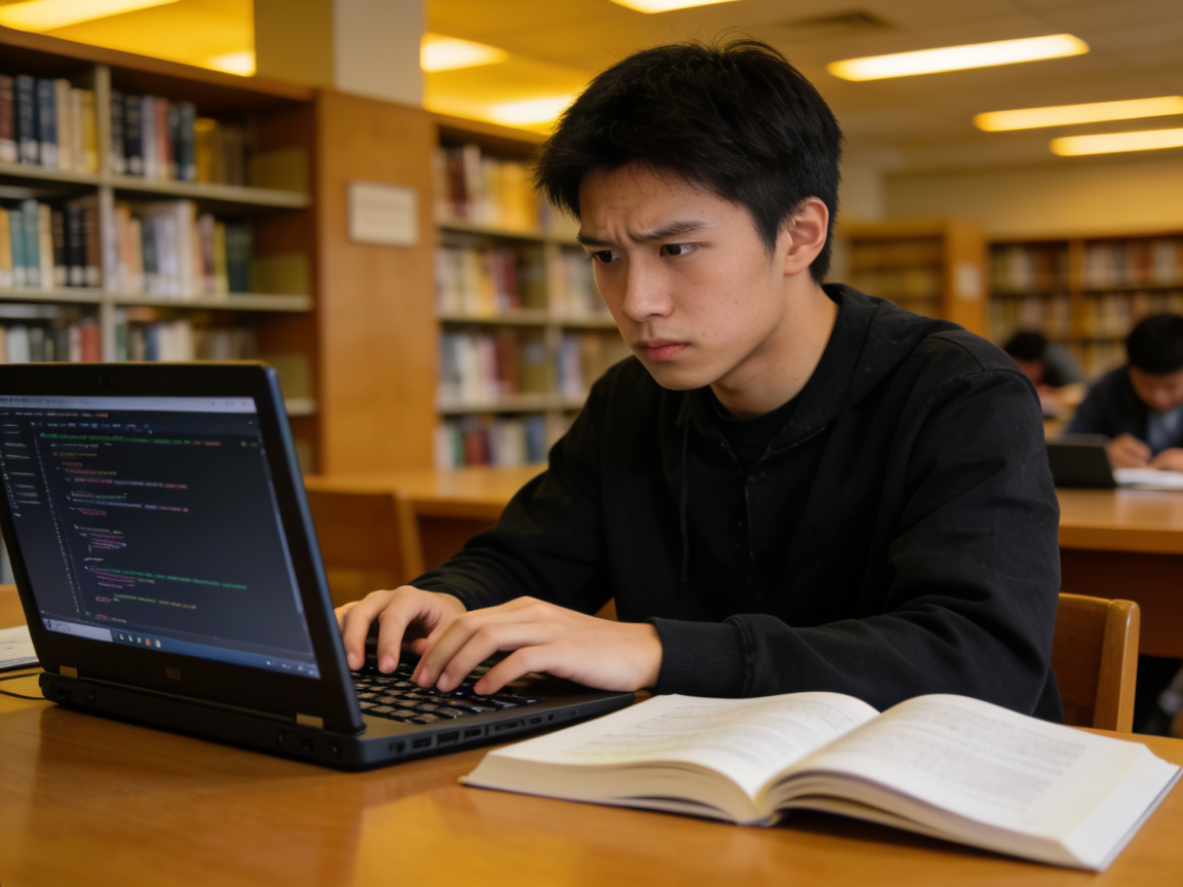 学生在图书馆学习编程